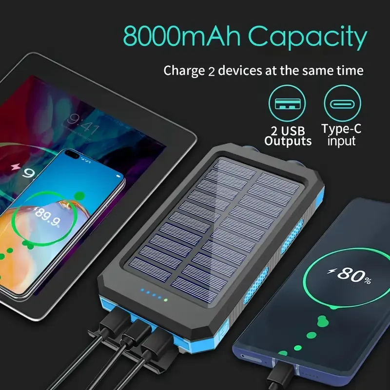 1pc, Ultra-High Capacity 8000mAh Solar Power Bank - Portable Power Banks with Solar Charger, Dual LED Flashlights, USB Output Port for IOS, Android, Outdoor Camping and Emergency Power Needs, Father's Day Gifts, Birthday Gifts, Christmas Gifts