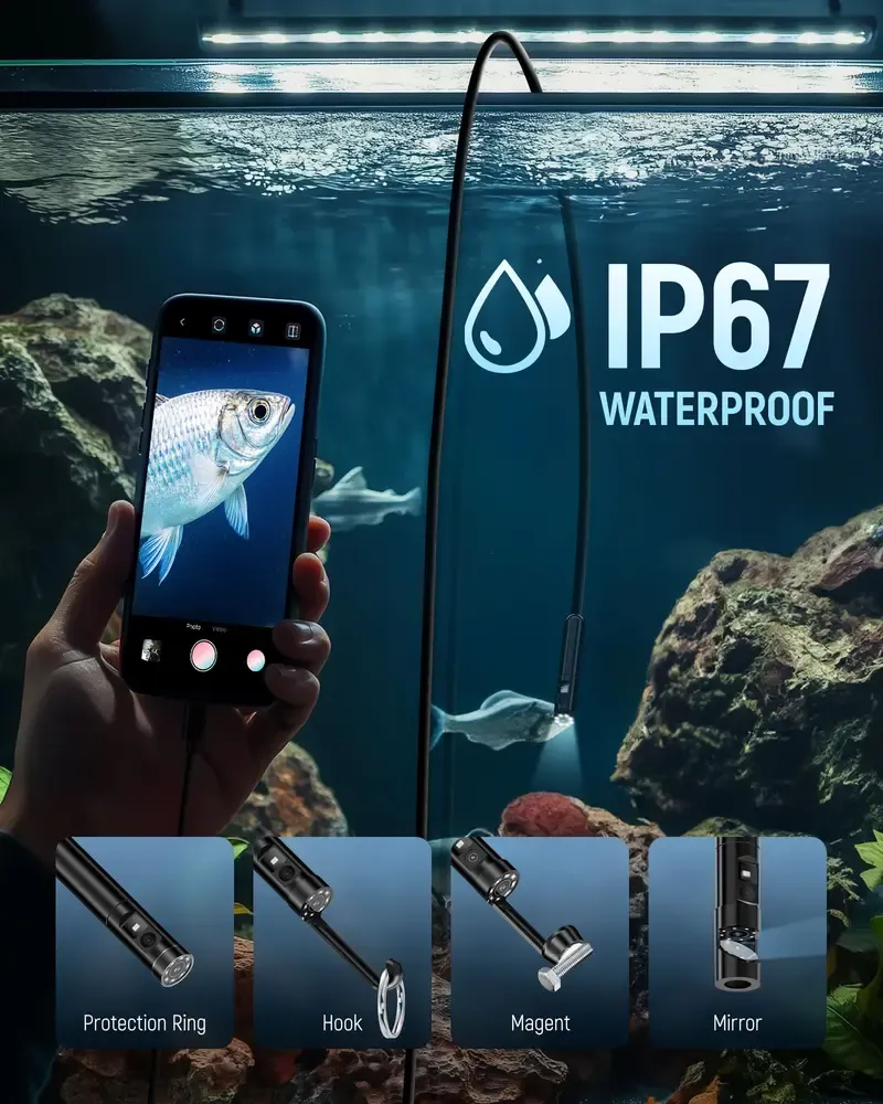 KAIWEETS Endoscope Borescope Camera with 8 Adjustable LED Lights, Car Inspection Camera, IP67 waterproof Multifunctional Inspection Tool for Car Repair, Home Appliance Inspection, Pipeline Maintenance