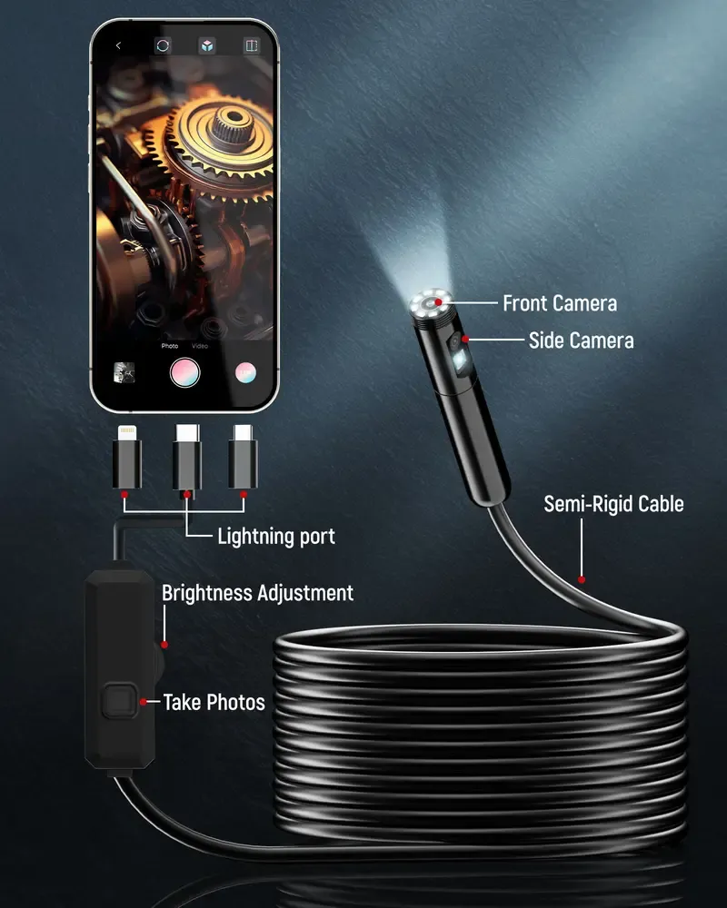 KAIWEETS Endoscope Borescope Camera with 8 Adjustable LED Lights, Car Inspection Camera, IP67 waterproof Multifunctional Inspection Tool for Car Repair, Home Appliance Inspection, Pipeline Maintenance