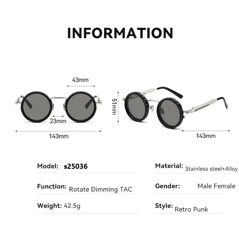 Polarized Round Sunglasses ND9 Adjustable Dimming Men Women Retro Punk Men's  Fashion Eyeglasses Outdoor Shades UV400