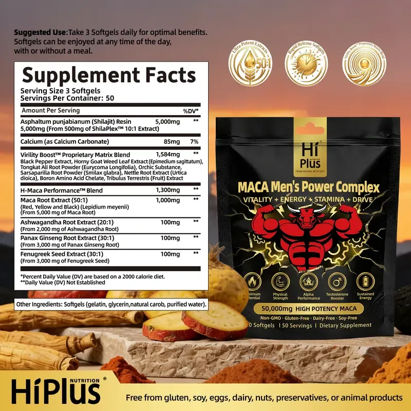 Mens Testosterone Boosters Power Complex Support with Shilajit,Maca,Ashwagandha & Ginseng | Energy Stamina & Focus - Supports Testosterone 150 Softgels