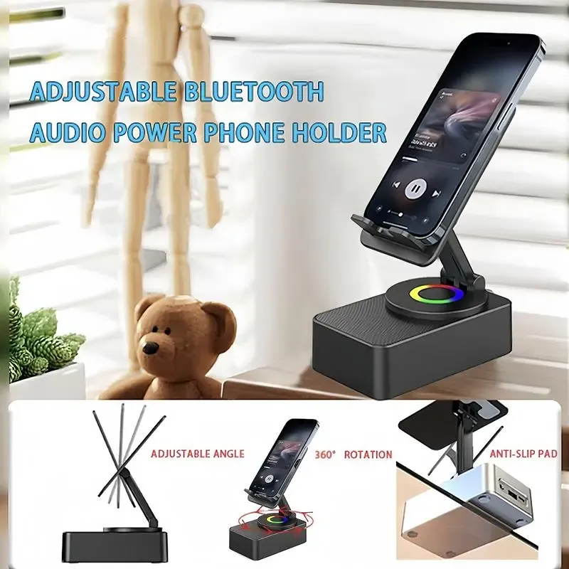 Wireless Audio Bluetooth Speaker 5in1 Phone Holder Emergency Rechargeable withColorful Ambient Light 300° Foldable for Tablet iPhone Android