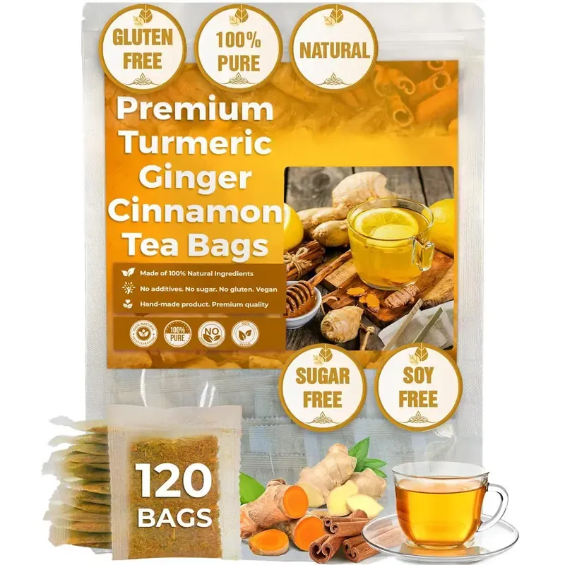 Turmeric Ginger Cinnamon Tea, 100% Natural, Anti-Inflammatea. Eco-conscious Tea Bags. Turmeric Ginger Herbal Tea. No Sugar, No Caffeine, No Gluten, Vegan. antiinflamma tea, looseleaf tea Beverage anti in flama tea ginger caffeine free