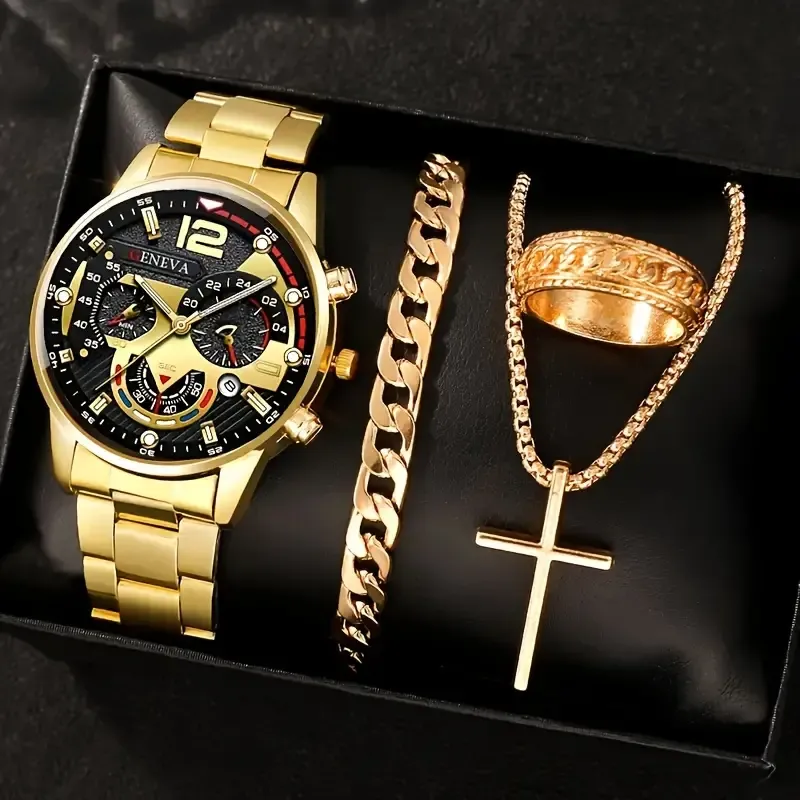 🎁4-Piece Gift Set  Casual Gold-Tone Watch + Cross Pendant + Stackable Jewelry | Ultimate Stylish Combo for Him ⌚✨⛓️🔥