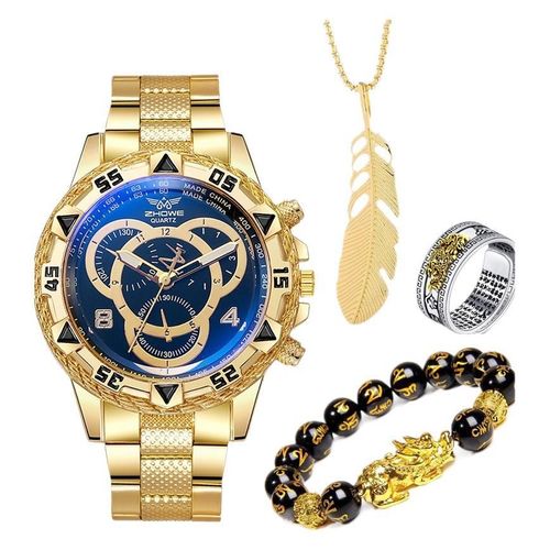 Large-dial three-eye steel strap men's wristwatch with blue light glass (in stock) + feather necklace, bracelet and ring.