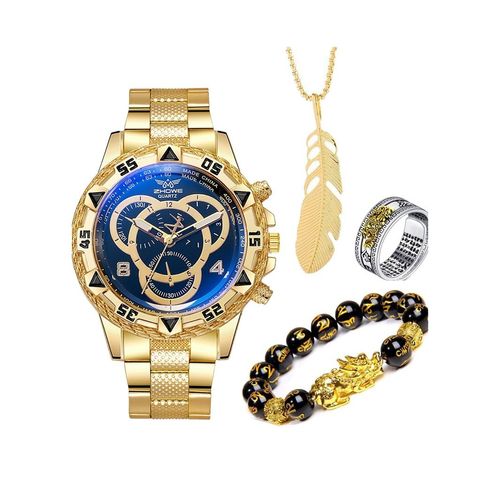 Large-dial three-eye steel strap men's wristwatch with blue light glass (in stock) + feather necklace, bracelet and ring.