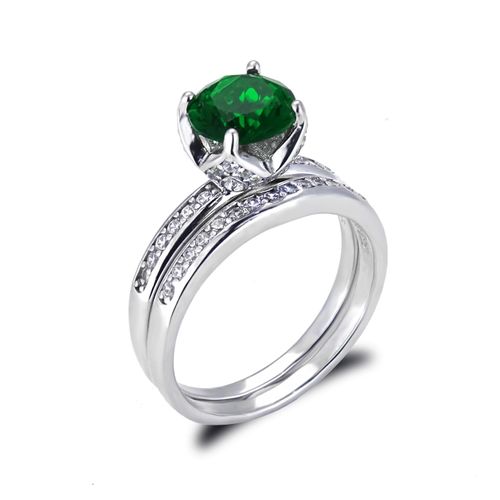 Decorative Round Cut Big Green Gemstone Jewelry Engagement Set Matching Wedding Rings Silver 925 Sterling Women