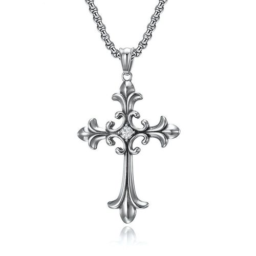 Gothic Style Retro Stainless Steel Cross Inlaid Diamond Pendant Necklace for Men's Jewelry Accessories