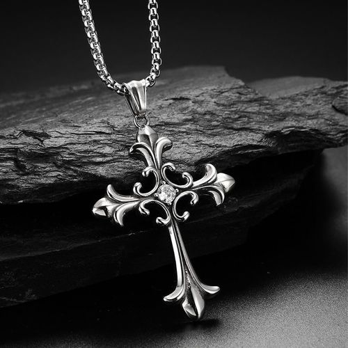 Gothic Style Retro Stainless Steel Cross Inlaid Diamond Pendant Necklace for Men's Jewelry Accessories