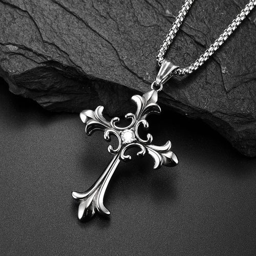 Gothic Style Retro Stainless Steel Cross Inlaid Diamond Pendant Necklace for Men's Jewelry Accessories