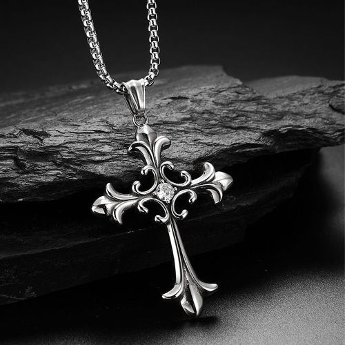 Gothic Style Retro Stainless Steel Cross Inlaid Diamond Pendant Necklace for Men's Jewelry Accessories
