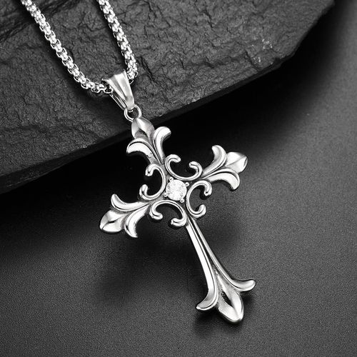 Gothic Style Retro Stainless Steel Cross Inlaid Diamond Pendant Necklace for Men's Jewelry Accessories