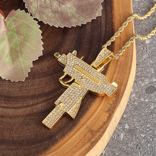 Zircon-Inlaid Uzi Pendant Necklace – Hip-Hop Style for Trendsetters (Gold)