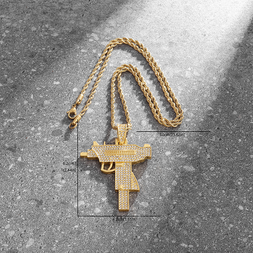 Zircon-Inlaid Uzi Pendant Necklace – Hip-Hop Style for Trendsetters (Gold)