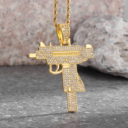 Zircon-Inlaid Uzi Pendant Necklace – Hip-Hop Style for Trendsetters (Gold)