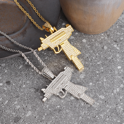 Zircon-Inlaid Uzi Pendant Necklace – Hip-Hop Style for Trendsetters (Gold)