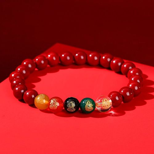 Good Luck Attract Money Beaded Bracelet Feng Shui Five God of Wealth Cinnabar Energy Stone Bead Bracelet