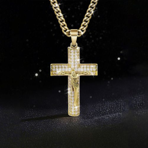 Hot-selling Large-sized Diamond-encrusted Cross Pendant with 18K Gold-plated Cuban Chain Necklace - Hip-hop Style Fashion Jewelry
