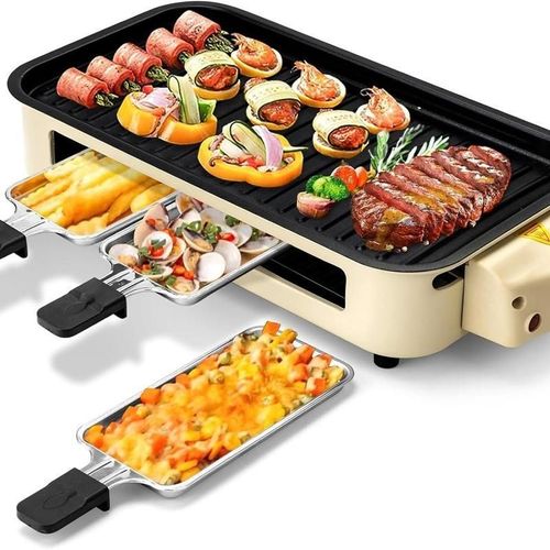 Party Must Have 1500W White Smokeless Electric Grill Non-Stick Griddle + 3 Raclette Pans Perfect for Steaks Seafood & Feasts Use Indoors & Out
