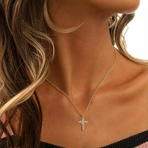 Women's Cross Rotating Crown Necklace Exquisite Diamond Cross Necklace Zircon 14K Gold Plated Necklaces Women