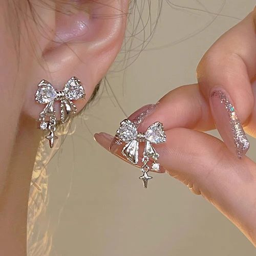 Silver Needle Star & Butterfly Stud Earrings, Zircon Inlaid, Silver Craftsmanship, High-End Light Luxury Style, Fashionable Internet-Famous Earrings