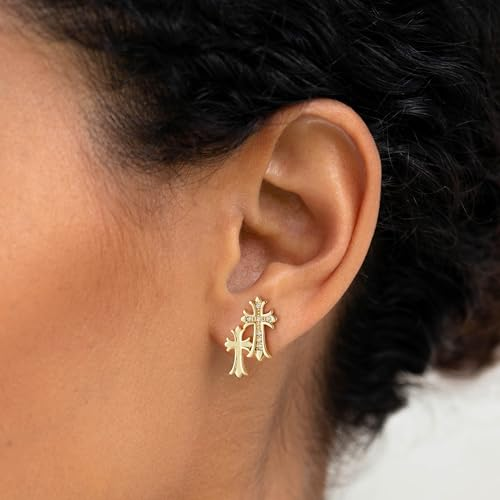 Golden Cross Stud Earrings with Moissanite, Brass Plated with Gold, Light Luxury Style, Fashionable & Versatile.
