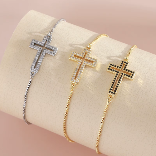 Popular Gold & Silver Plated Cross Bracelet – Hollow Design with Zircon