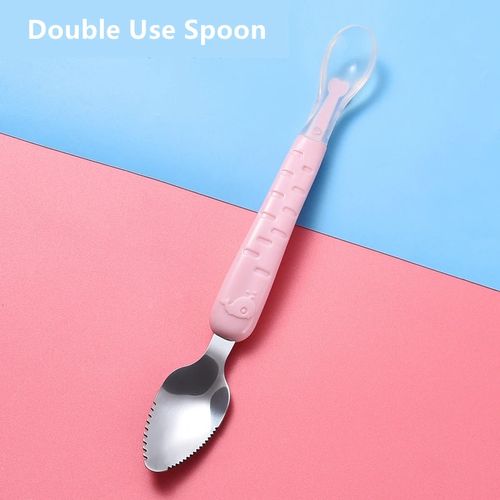 Baby Food Feeding Spoon - Stainless Steel Puree-Scraping Silicone Soft Spoon, Baby Tableware with Storage Box, Toddler Utensils (Colors Shipped Randomly, Buy One Get One Free).