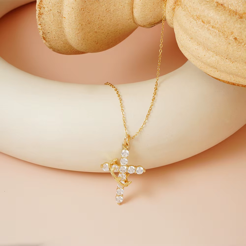Women's Cross Rotating Crown Necklace Exquisite Diamond Cross Necklace Zircon 14K Gold Plated Necklaces Women