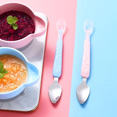 Baby Food Feeding Spoon - Stainless Steel Puree-Scraping Silicone Soft Spoon, Baby Tableware with Storage Box, Toddler Utensils (Colors Shipped Randomly, Buy One Get One Free).