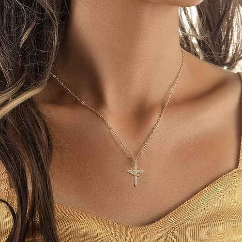 Women's Cross Rotating Crown Necklace Exquisite Diamond Cross Necklace Zircon 14K Gold Plated Necklaces Women