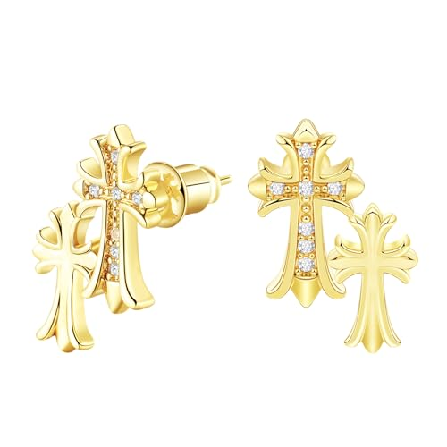 Golden Cross Stud Earrings with Moissanite, Brass Plated with Gold, Light Luxury Style, Fashionable & Versatile.