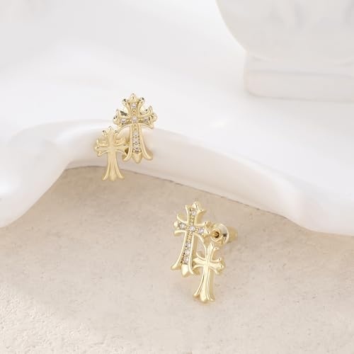 Golden Cross Stud Earrings with Moissanite, Brass Plated with Gold, Light Luxury Style, Fashionable & Versatile.