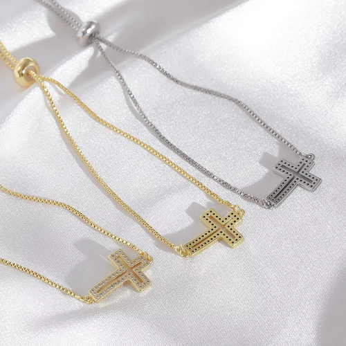 Popular Gold & Silver Plated Cross Bracelet – Hollow Design with Zircon