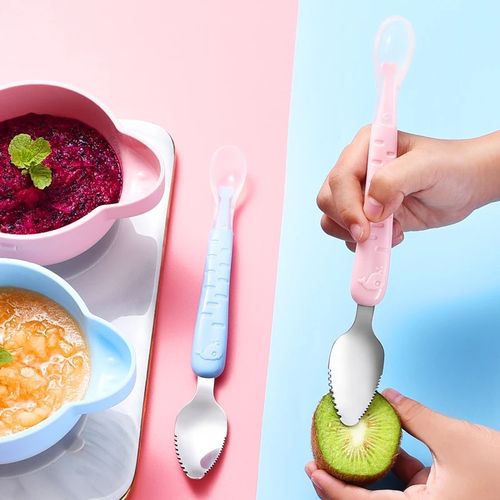 Baby Food Feeding Spoon - Stainless Steel Puree-Scraping Silicone Soft Spoon, Baby Tableware with Storage Box, Toddler Utensils (Colors Shipped Randomly, Buy One Get One Free).