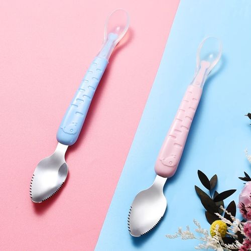 Baby Food Feeding Spoon - Stainless Steel Puree-Scraping Silicone Soft Spoon, Baby Tableware with Storage Box, Toddler Utensils (Colors Shipped Randomly, Buy One Get One Free).