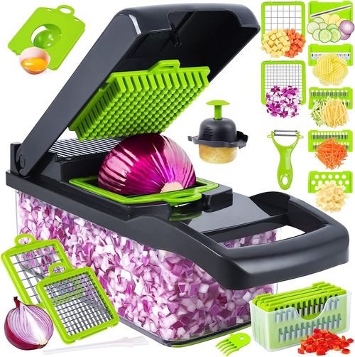 🥕Multifunctional Vegetable Cutter✨Food Chopper Dicer Slicer Grater with Storage Container, Non-Slip Base Easy Clean Kitchen Salad Prep Tool