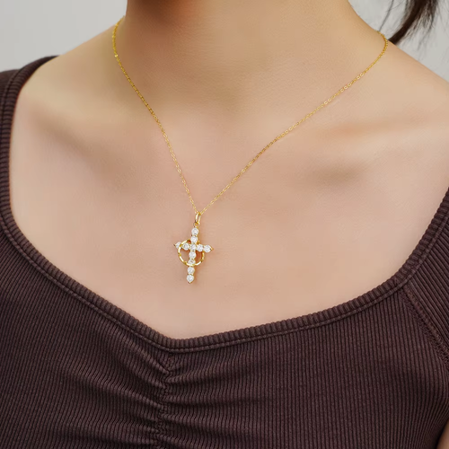 Women's Cross Rotating Crown Necklace Exquisite Diamond Cross Necklace Zircon 14K Gold Plated Necklaces Women