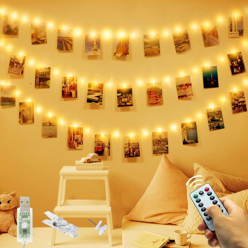 Fotoclips Lichterkette,  12M 120LED USB Lichterkette für Zimmer Deko Fotos Lichterkette Wand mit Fernbedienung Lichterkette Bilder für Zimmer, Wohnzimmer, Weihnachten, Hochzeiten, Party Warmweiß Energieklasse B