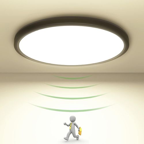 Lampe mit Bewegungsmelder innen 22CM8.9In. 19W LED Deckenleuchte mit Tageslichtsensor, Bewegungssensor Deckenlampen Flach Rund, LED Deckenlampe Bewegungsmelder für Balkon Keller Flur Garage Schwarz