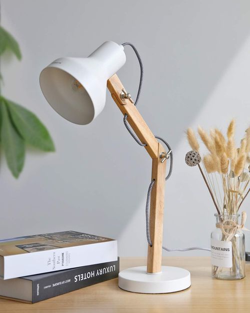 Schreibtischlampe LED mit schwenkbaren Holzarmen, Designer-Tischlampe, Leselampe, Studierlampe, Arbeitslampe, Bürolampe, Nachttischlampe, LED-Birnen-Lampe - Weiß