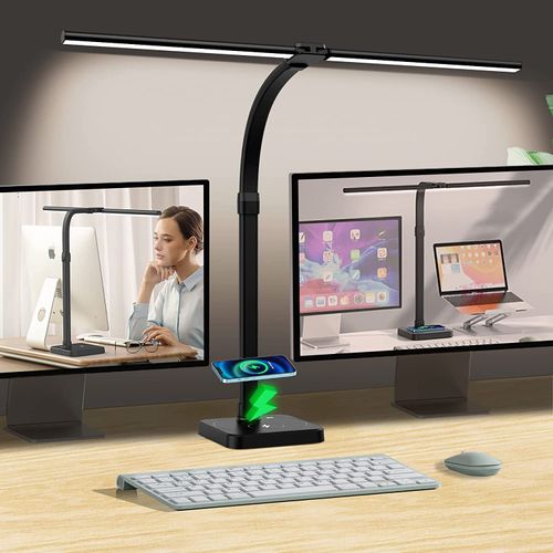 Schreibtischlampe Led Dimmbar,SchreibtischLampe mit 15W Wireless Charging und USB Ladefunktion,24W 80CM Doppelkopf Schreibtisch Lampe,5 Farb 5 Helligkeitsstufen Bürolampe Schwanenhals Schwarz