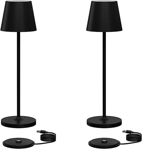 2 Stück Dimmbare LED Akku Tischlampe, Warme Lichtfarbe 3000K, Aufladbar Designer Tischleuchte mit USB Ladestation, Schwarz, Aluminium, Für Innen und Aussen Energieklasse G