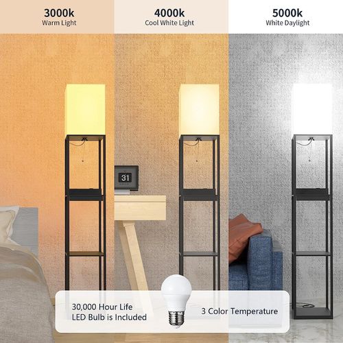 Stehlampe Wohnzimmer, Stehlampe mit Regal aus Massivholz, 3 Farbtemperaturen, 2 USB-Ladeanschlüsse und 1 Schublade, Stehlampen für Wohnzimmer, Schlafzimmer, Stehlampe SchwarMit Glühbirne
