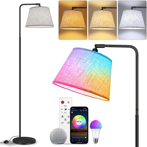 Stehlampe Wohnzimmer, WiFi  Standleuchte LED Dimmbar Kompatibel mit Alexa Google Home, Bogenleuchte mit Leinen Lampenschirm, Modern Leselampe mit Fernbedienung Ecklampe Stufenlose Farbtemperaturen, Energieklasse B