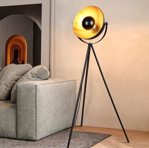 Vintage Tripod Stehleuchte - Stehlampe Tripod Standleuchte inkl.E27 Fassung & 140cm Zuleitungskabel mit Trittschalter, Schwarz-Gold-Matt, Retro-Stehlampe für Wohnzimmer, Schlafzimmer
