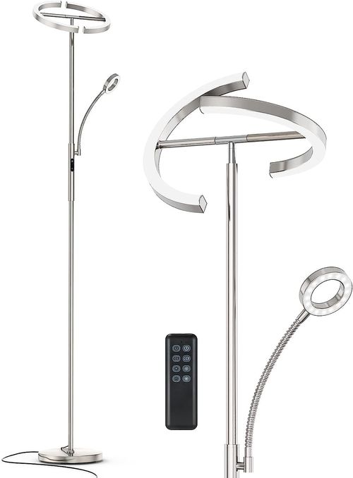 Stehlampe dimmbare LED Kaka , Silberne Stehlampe 25 W mit flexibler 7 W Leselampe, Modernes Deckenflutlicht mit Fernbedienung, 2500 LM mit 4 Farbtemperaturen für Wohnzimmer, Schlafzimmer, Büro, Hotel