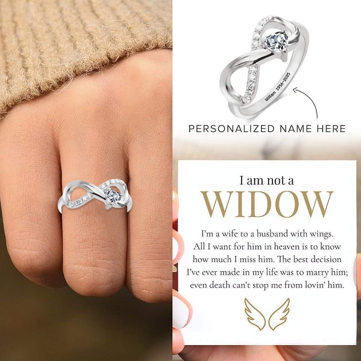 Personalized Angel Wing Infinity Ring with Heart Birthstone and Engraved Memorial Message - A Timeless Birthday or Anniversary Gift for Her