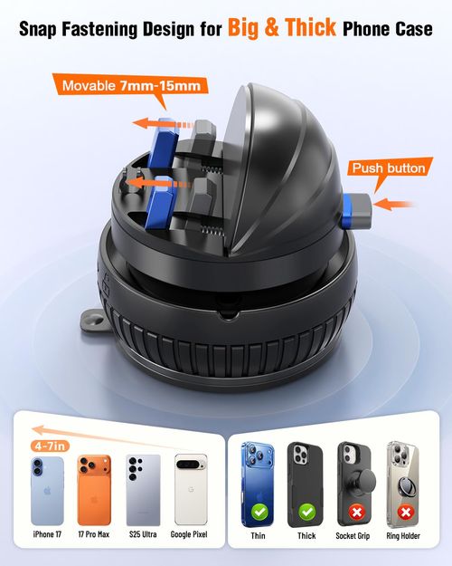 pop-tech Car Suction Dashboard Phone Holder:360° Rotating & 30° Adjustable Vacuum Suction Cup Cell Phone Mount with Anti-Slip Spring Snap