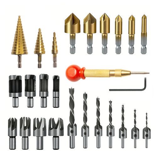 Multi-purpose Wood Drill Set, Plug Drill, Step Drill & Chamfer Tool with Punches and Wrench